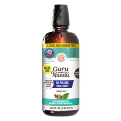 GuruNanda CocoMint oil pull bottle with measuring cup for pre-brush ritual