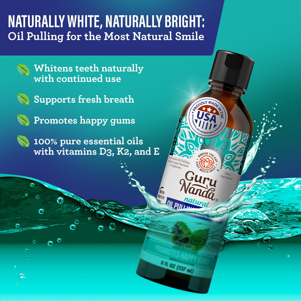 GuruNanda dual-barrel mouthwash bottle for breath refresh and stain reduction