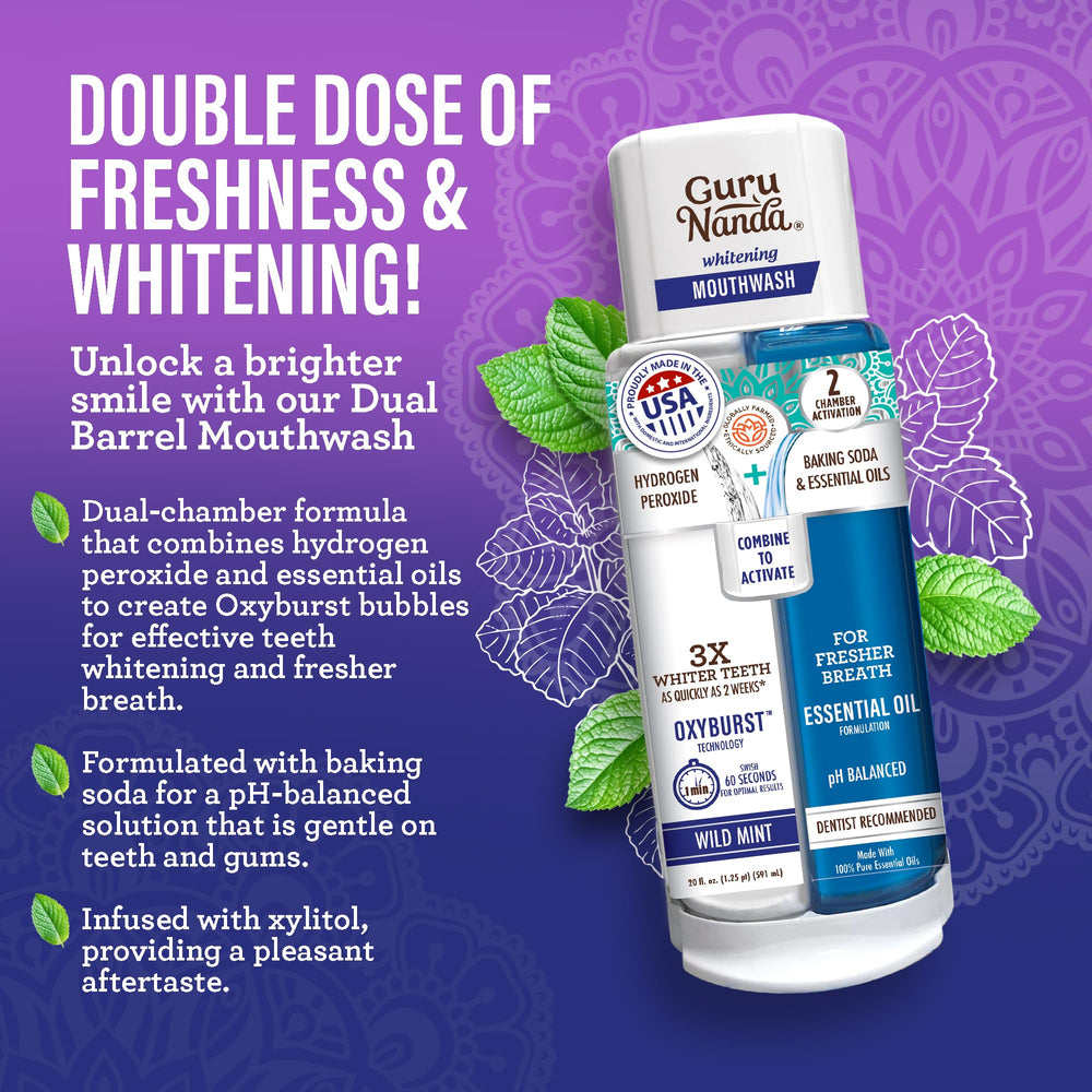 GuruNanda dual-barrel whitening mouthwash reduces bad breath and stains.