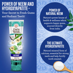 GuruNanda Neem toothpaste tube emphasizes remineralization support and clean gums.