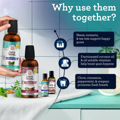 GuruNanda oil pulling steps closeup with usage chart.