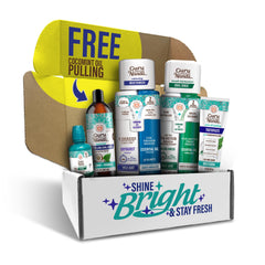 GuruNanda Shine Bright mouthwash bottle highlights whitening and long-lasting freshness.