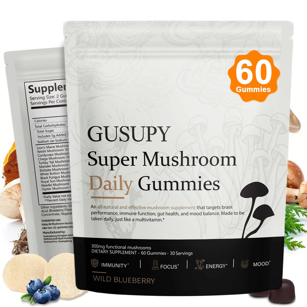 GUSUPY Lions Mane bottle ready for daily cognitive support with tasty gummies.