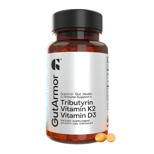 Gut Armor bottle label highlighting pure butyrate and vitamins for digestive and immune support.