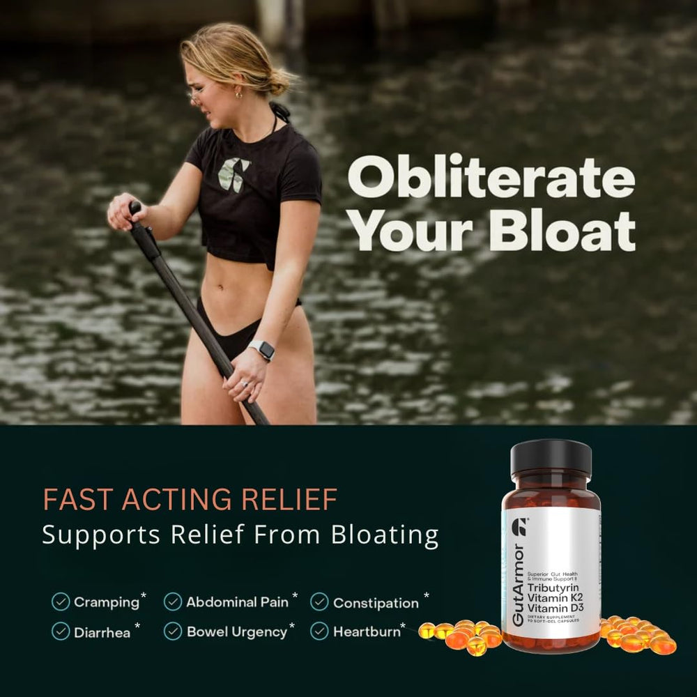 Gut Armor bottle on table with neutral background suggests daily routine.