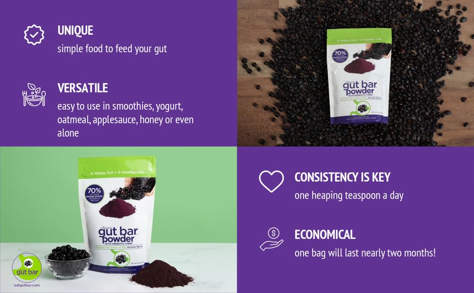 GUT BAR Aronia powder bottle and chicory fiber on counter