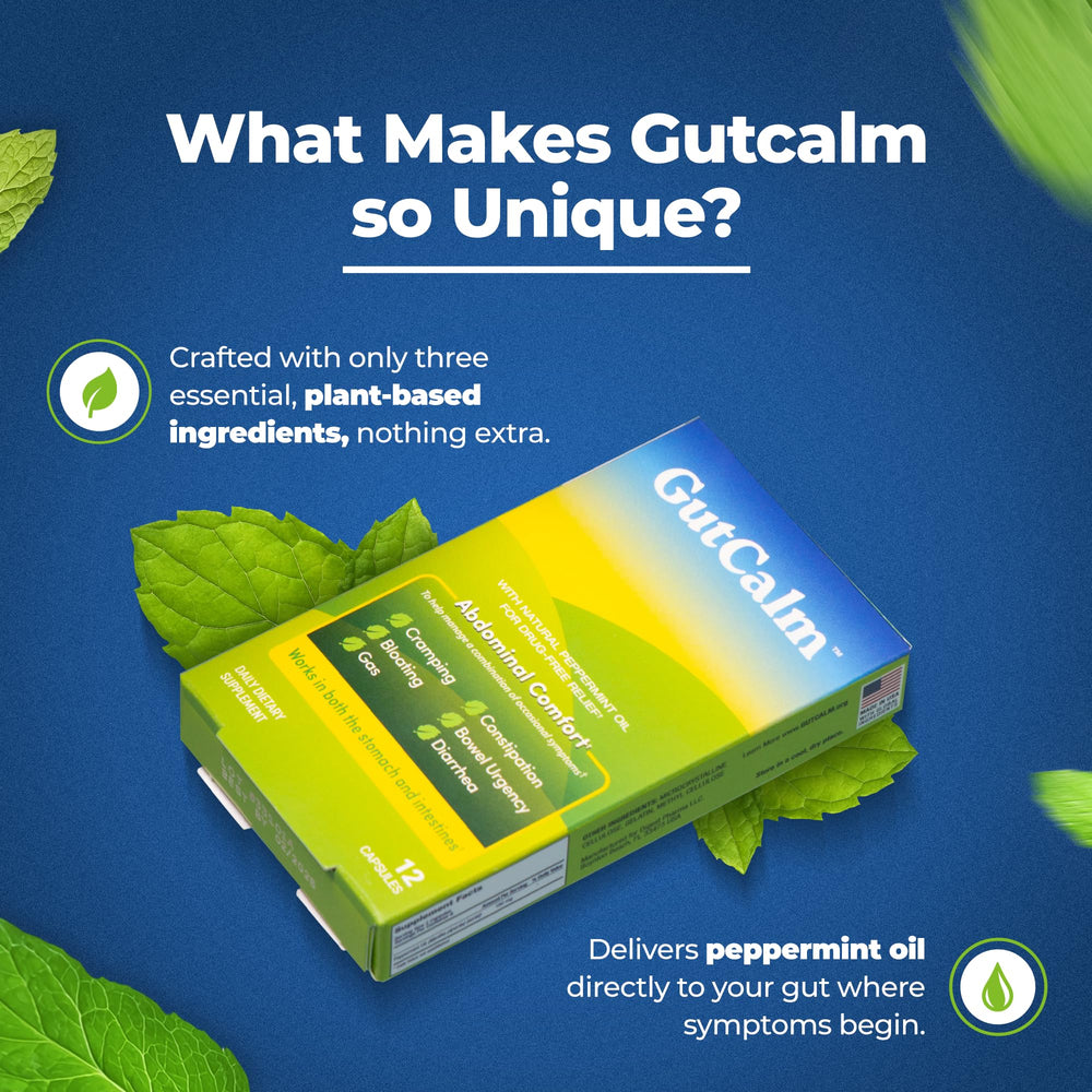 GutCalm capsules on surface in meal-time setting for digestive support.