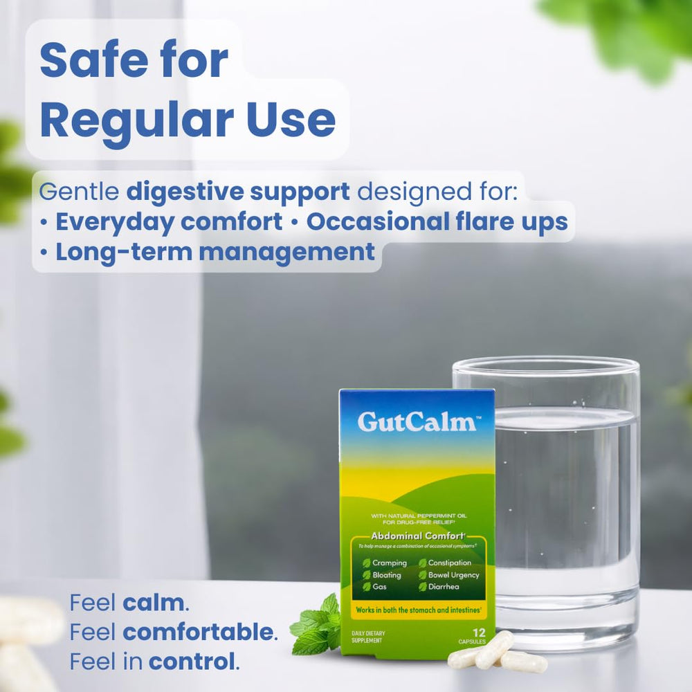 GutCalm daily-use illustration suggesting regular capsules for digestive wellness.