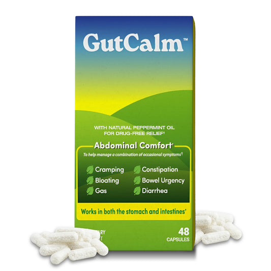 GutCalm IBS relief bottle illustrating natural peppermint blend for digestive comfort.