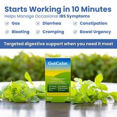 GutCalm peppermint capsules closeup, easy-to-swallow form for bloating relief.