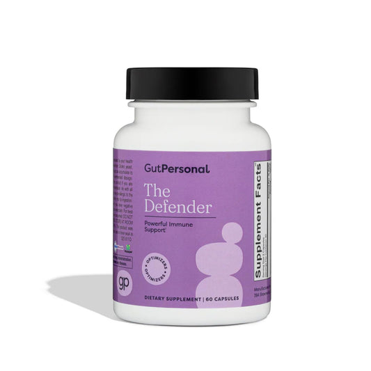 GutPersonal Defender bottle front showing label for daily immune support and natural ingredients.