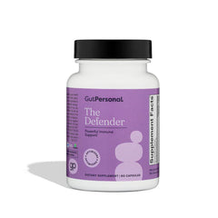 GutPersonal Defender bottle front showing label for daily immune support and natural ingredients.