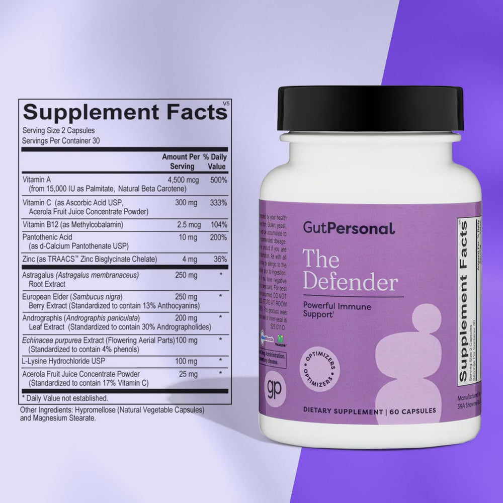 GutPersonal Defender with elderberry extract visual suggesting plant-based immune support.