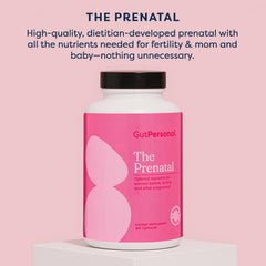 GutPersonal The Prenatal bottle shown with breakfast for daily routine.
