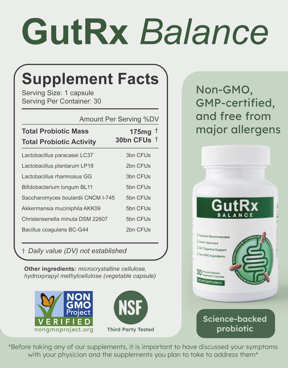 GutRx Balance bottle with label showcasing probiotic strains for gut health