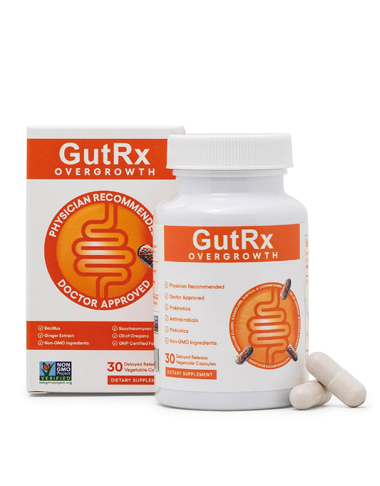 GutRx Overgrowth bottle front view highlighting probiotic and yeast blend.
