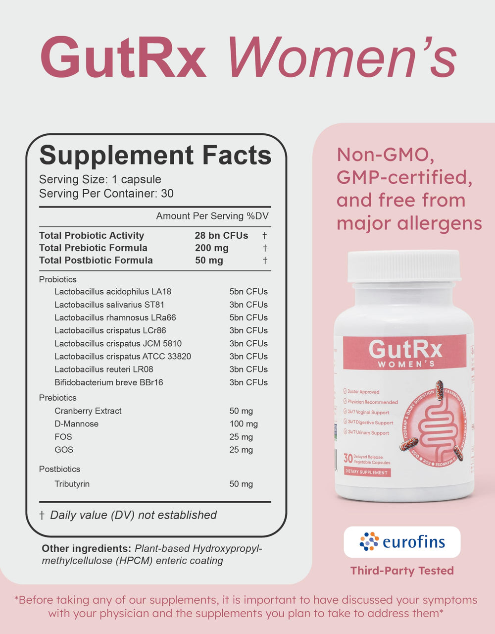 GutRx Women’s lifestyle-friendly packaging and vegan capsules highlight convenient daily wellness.