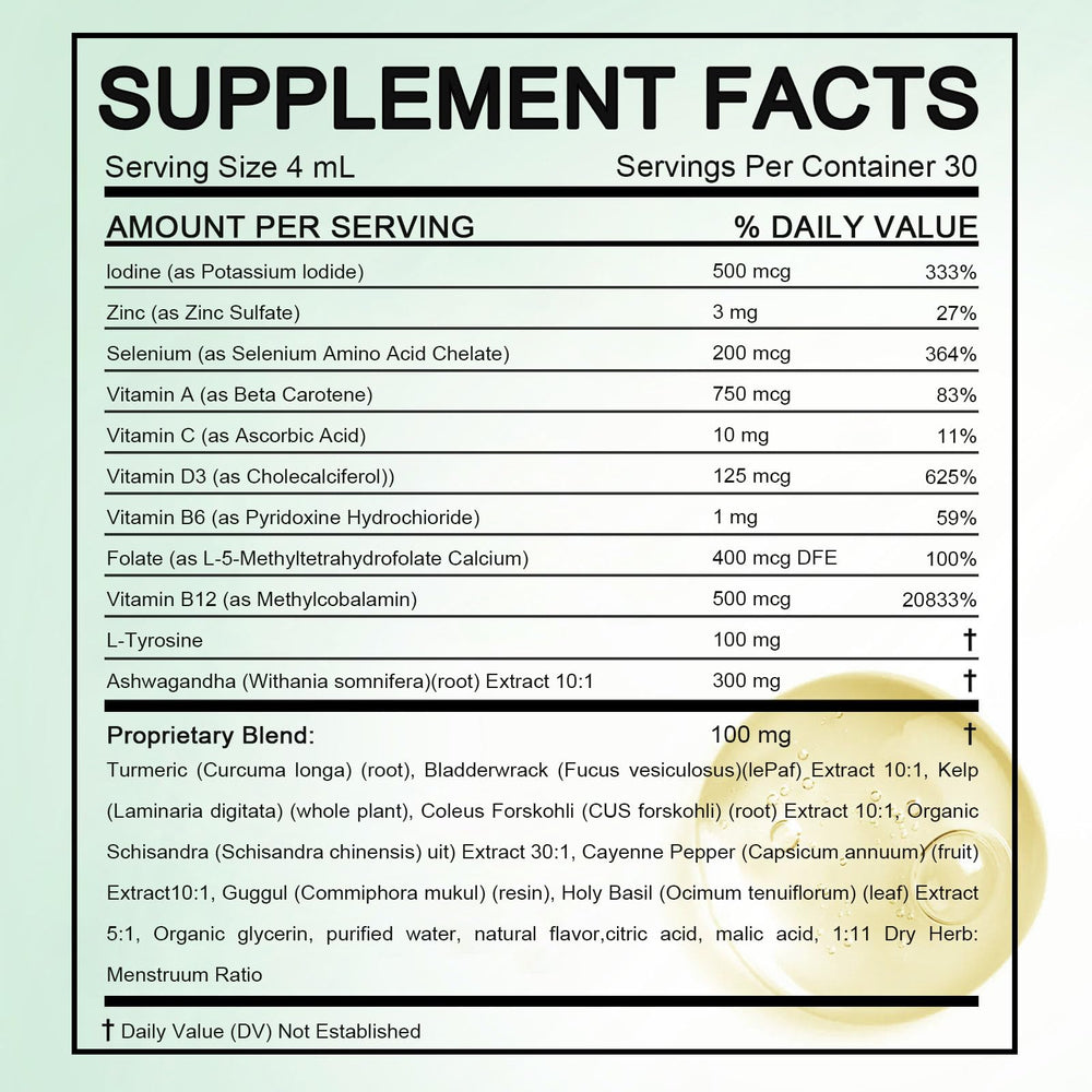 GXSAE Kindled Thyroid Drops label highlights essential minerals and natural adaptogen.