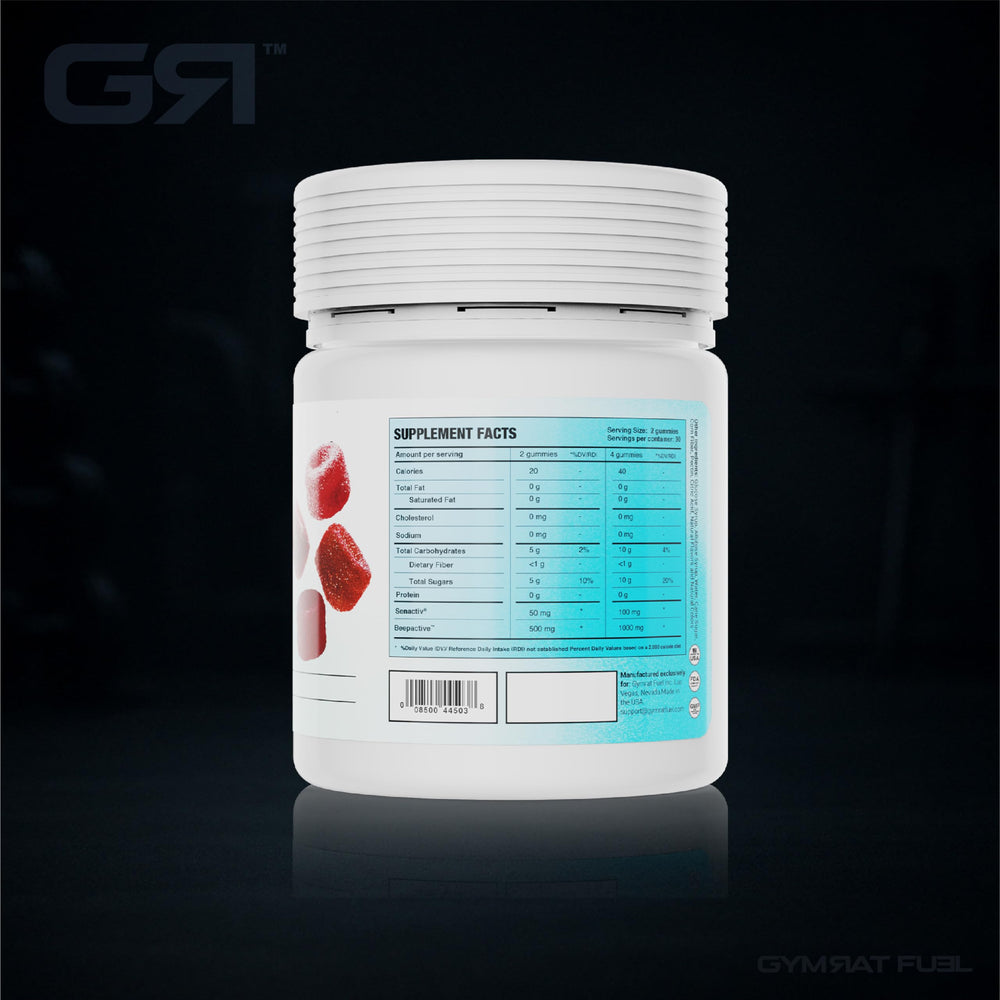 Gymrat Fuel post workout gummies closeup showing pomegranate passion flavor and chewy texture.