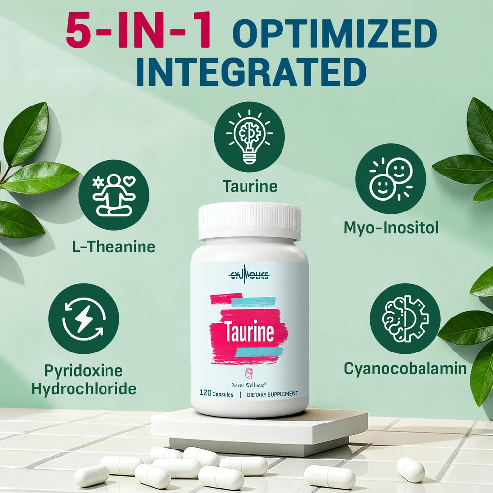 Close-up of Gyumolics Taurine capsules showing vegetarian, gluten-free formula.