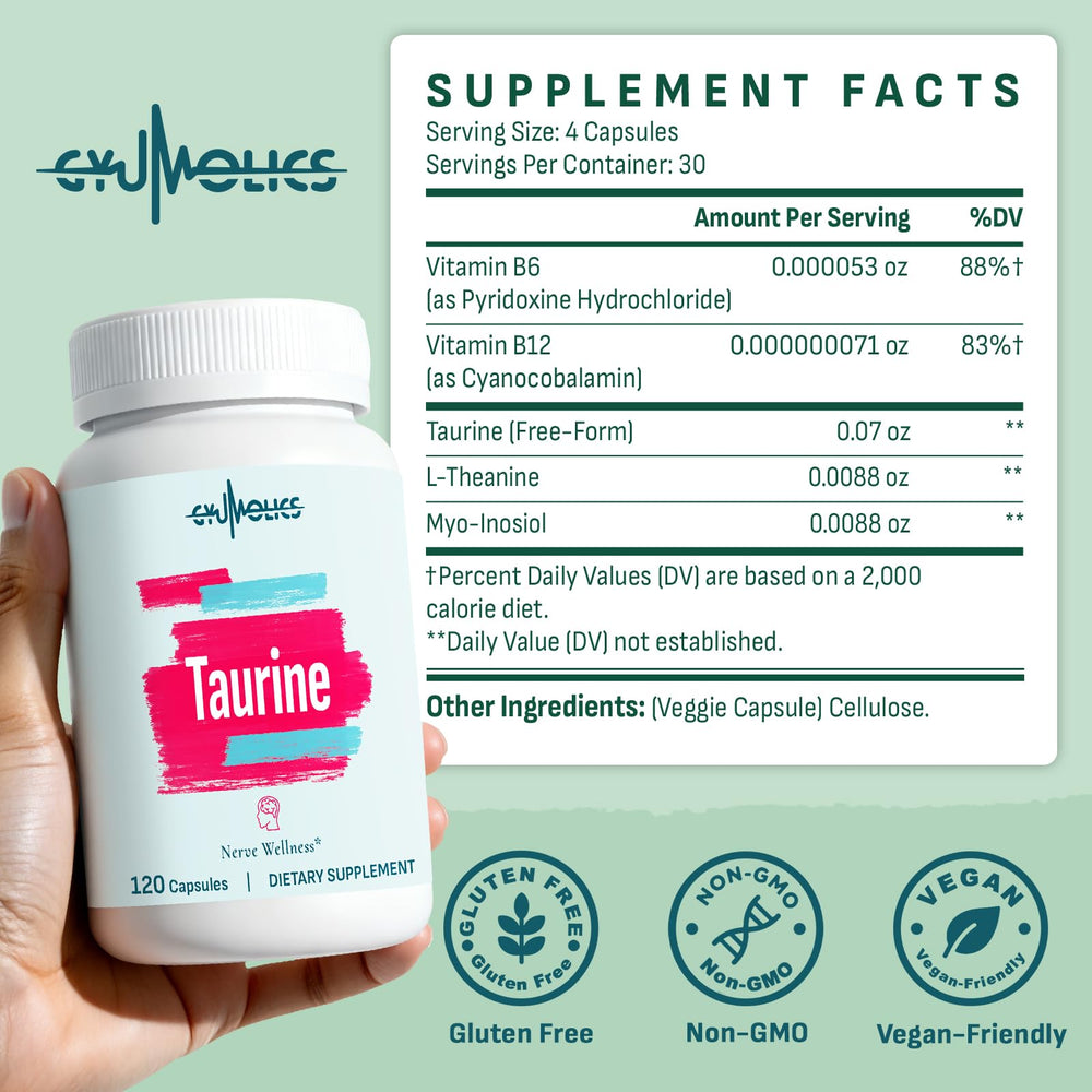 Gyumolics Taurine capsules with B6 and B12 nutrients for daily energy.