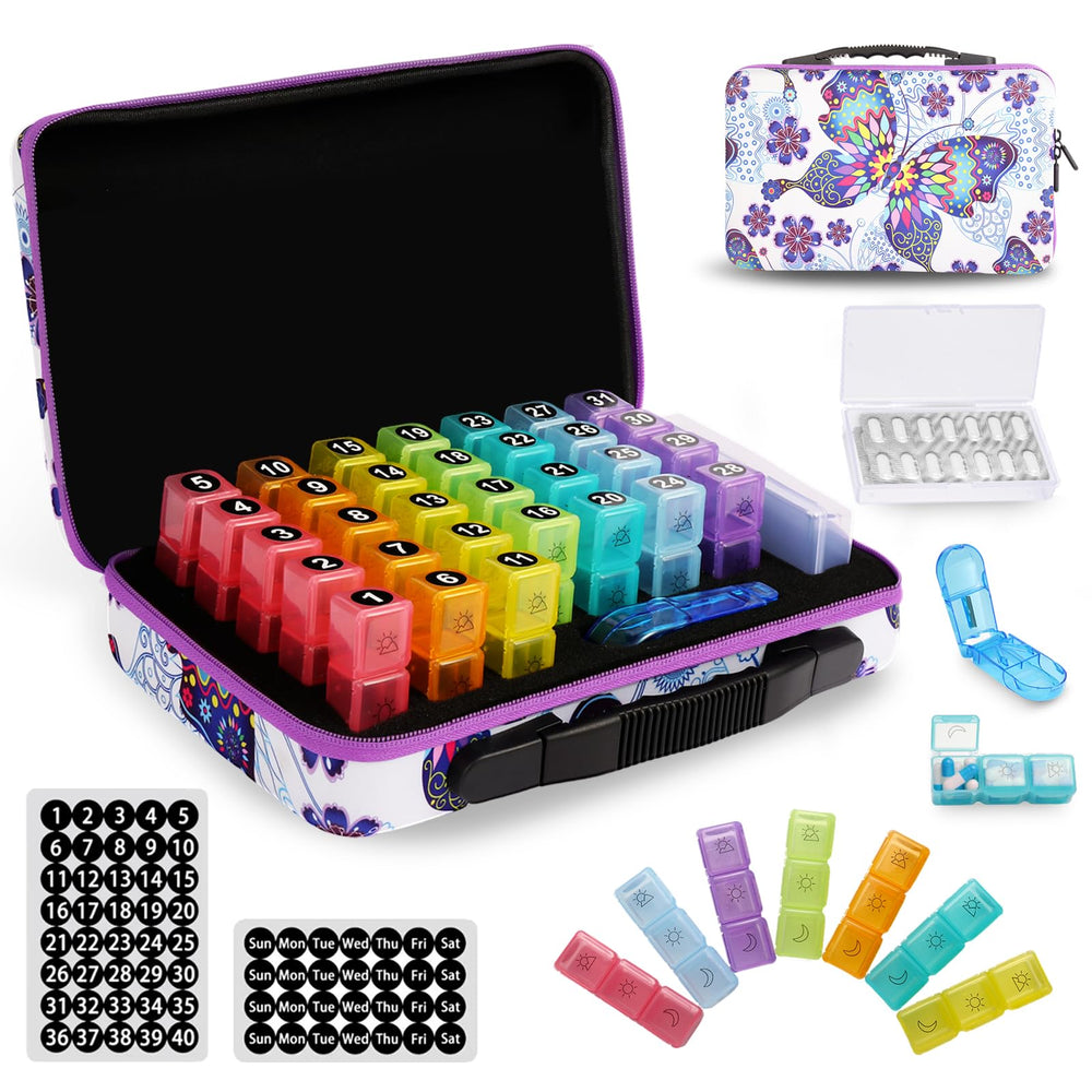 GZWENHAN 31-day pill organizer exterior with floral pattern for stylish travel storage.