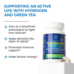 Label on True Nano H2 Green Tea bottle highlights hydrogen and green tea features