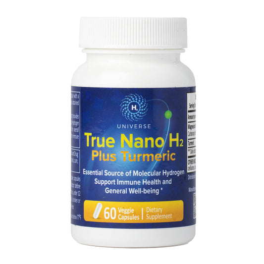 H2 Universe True Nano H2 Turmeric bottle for easy daily use and on-the-go supplementation.