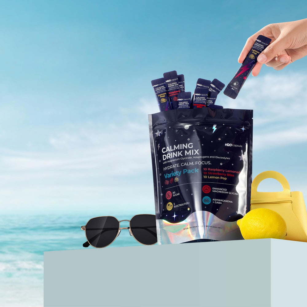 H2O Capsule Calm sugar‑free label on packaging for clean ingredients.