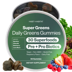 Habit + Habitat Daily Greens Plus raspberry bottle shown for convenient daily energy and wellness