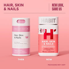 H' Habit Habit Hair Skin Nails capsules close-up emphasizing biotin and hyaluronic blend