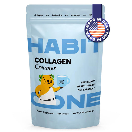 Habit One collagen creamer bottle beside coffee, highlighting a nutrient-forward dairy-free option.