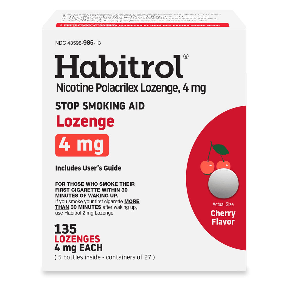 Habitrol nicotine lozenges cherry 135-count packaging highlights flavor and value for quitting support.