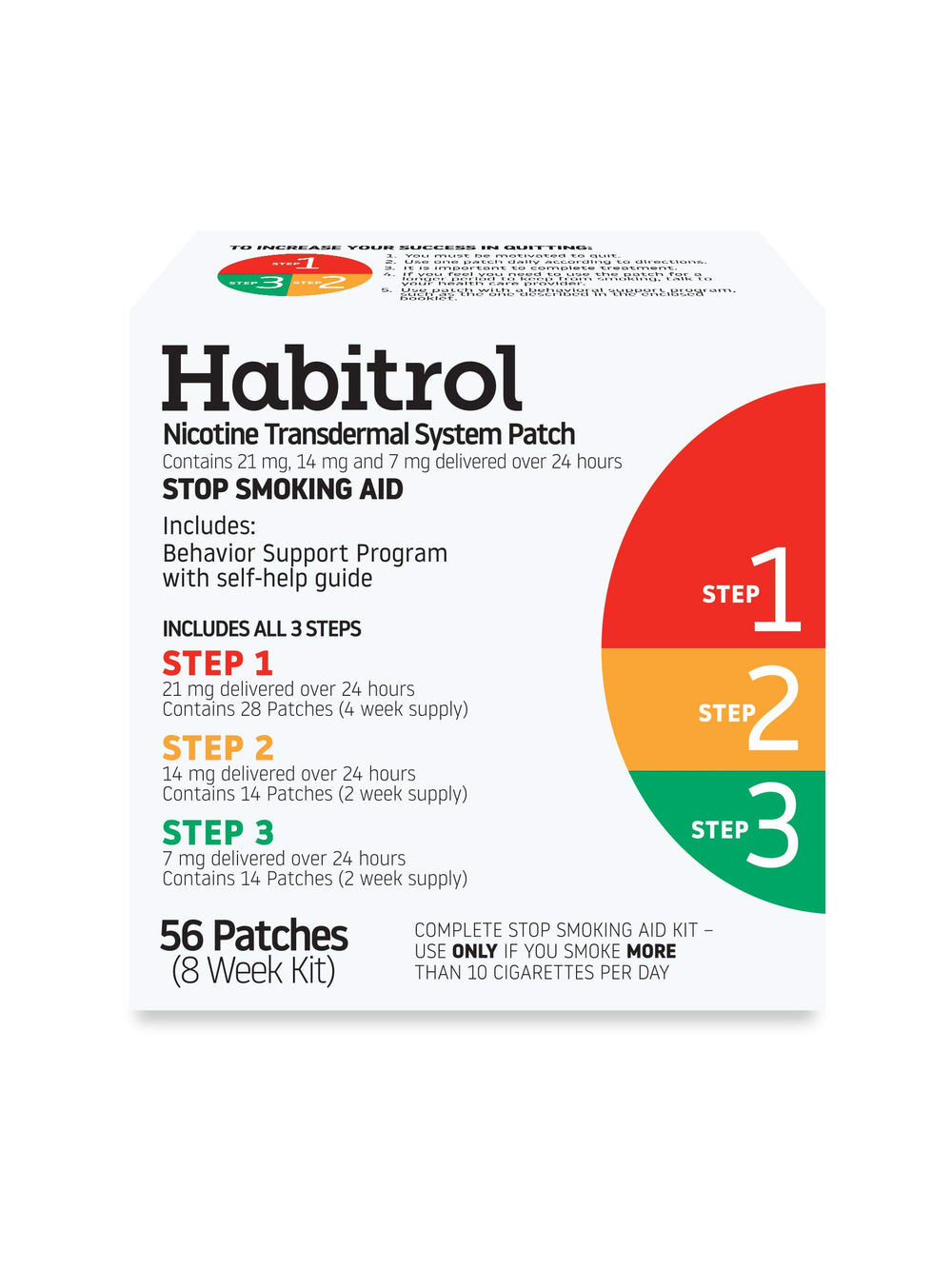 Habitrol Step 1 patch delivers 21 mg over 24 hours to curb cravings.