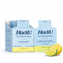 HackU lemon-lime electrolyte packets laid flat for on-the-go hydration.