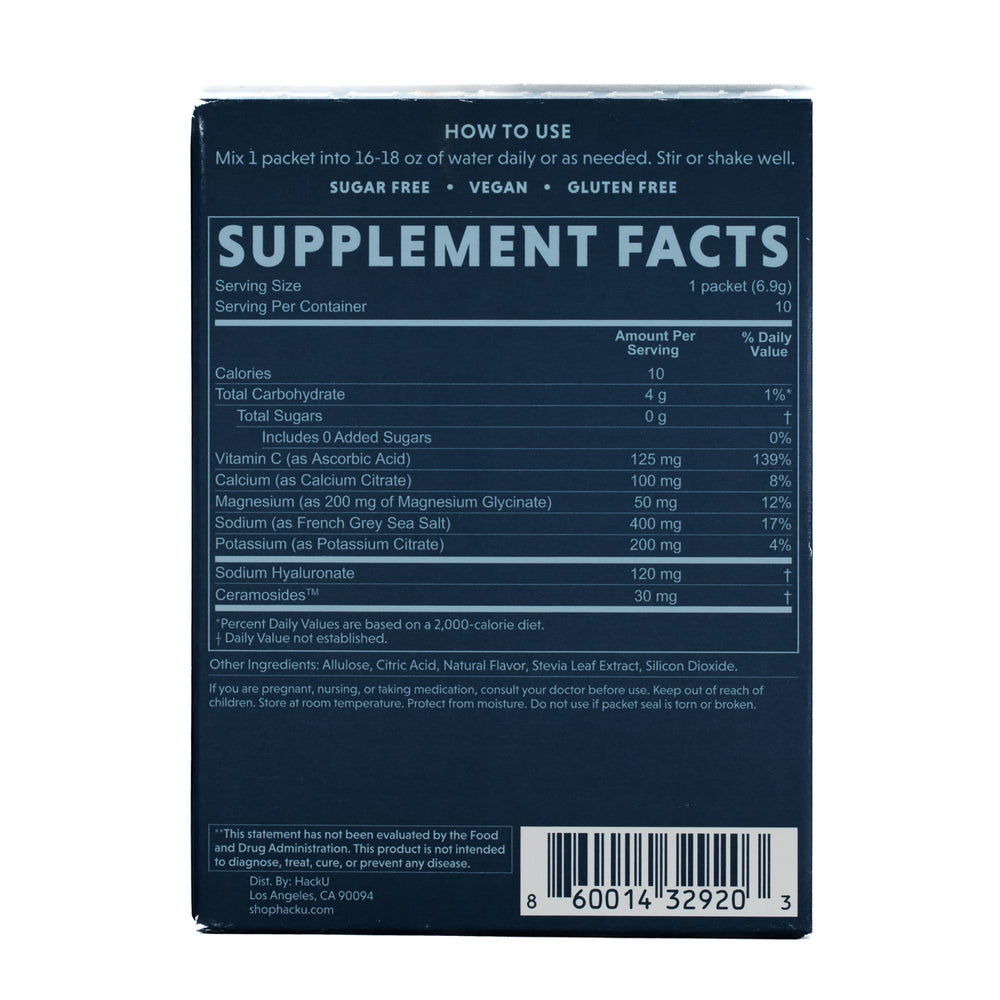 HackU sugar-free electrolyte packets single-serve sticks for quick hydration and skin support