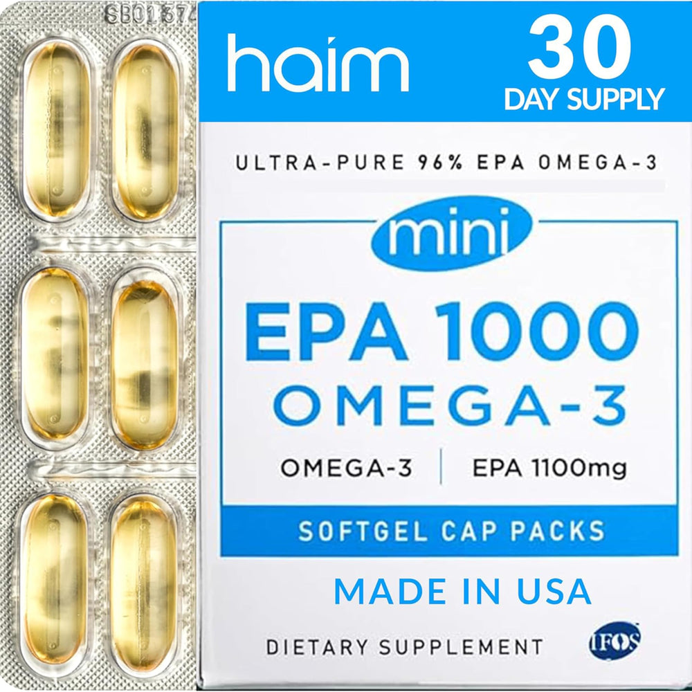 HAIM EPA1000 MINI bottle top view, 60 softgels for daily omega-3 support.