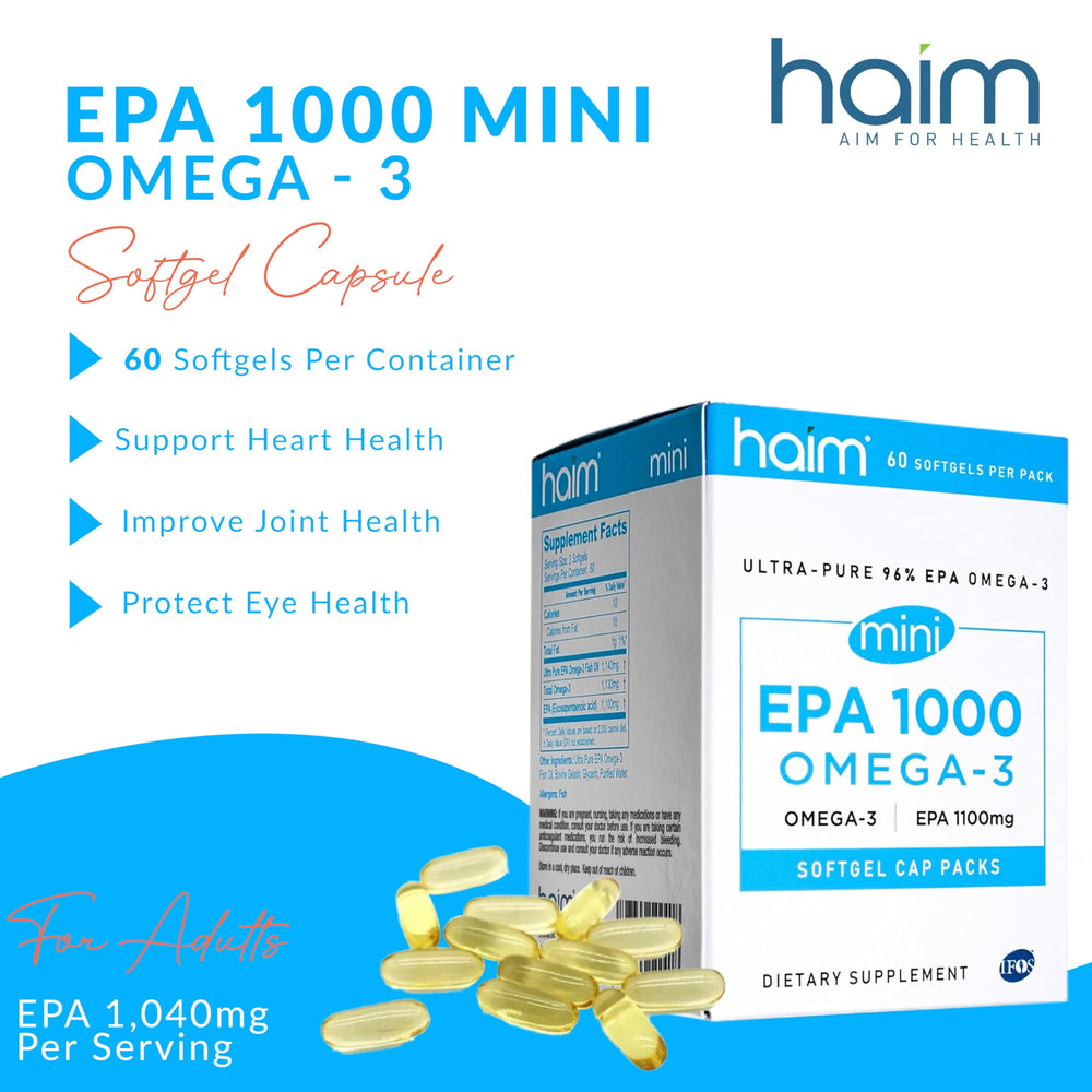 HAIM EPA1000 MINI softgels close-up, high-potency EPA for heart and brain support.