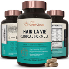 Hair La Vie Live Conscious bottle closeup showing premium formula for overall hair wellness