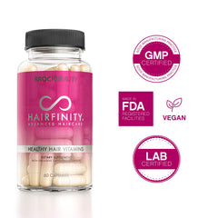Hairfinity packaging demonstrates vegan-friendly capsules for both women and men.