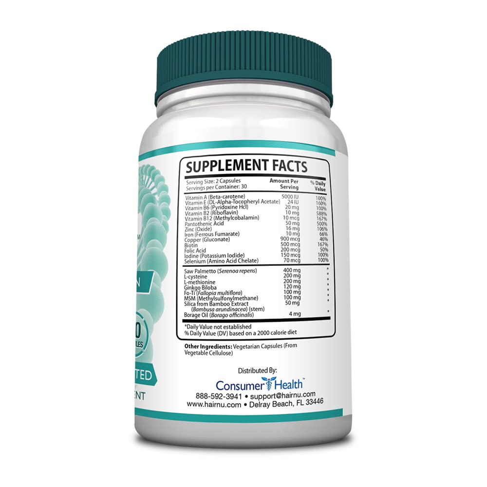 HairNu label highlights key ingredients for hair vitality.