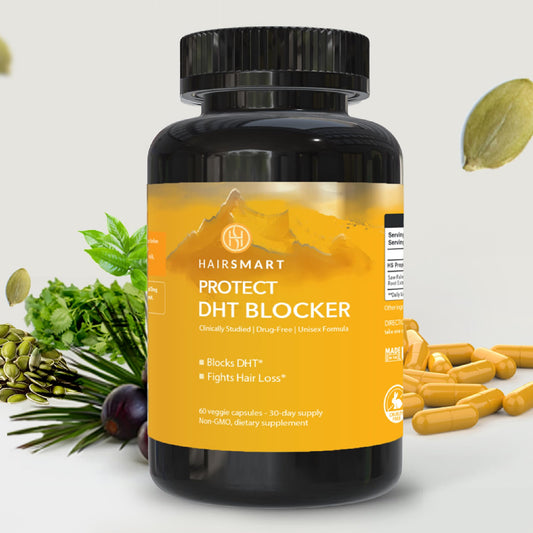 HairSmart DHT Blocker bottle on display, daily hair support in focus.