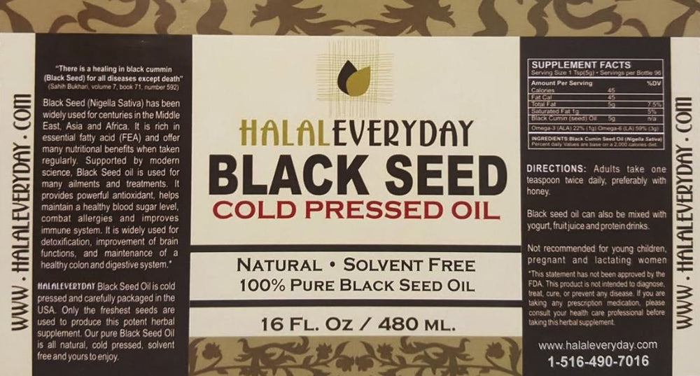 HalalEveryDay amber bottle preserves freshness for premium black seed oil.