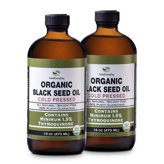 HalalEveryDay black seed oil bottle 32oz on kitchen shelf for daily use