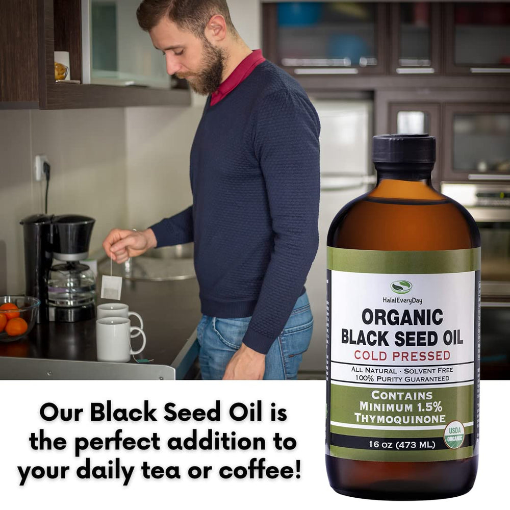 HalalEveryDay Organic Black Seed Oil kitchen-use scene suggests everyday versatility.
