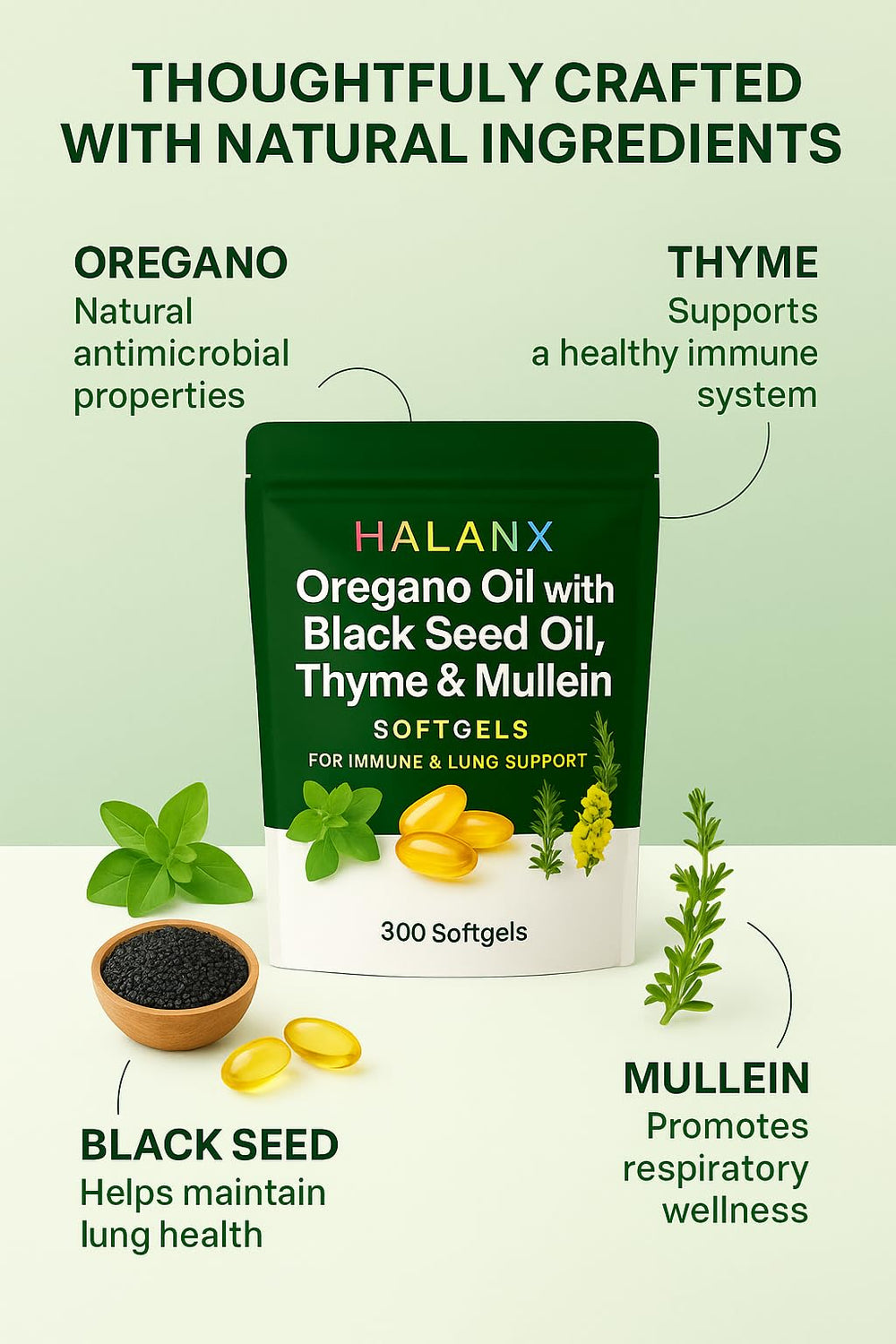 Halanx Oil of Oregano Softgels capsules close-up with texture ideal for daily intake.
