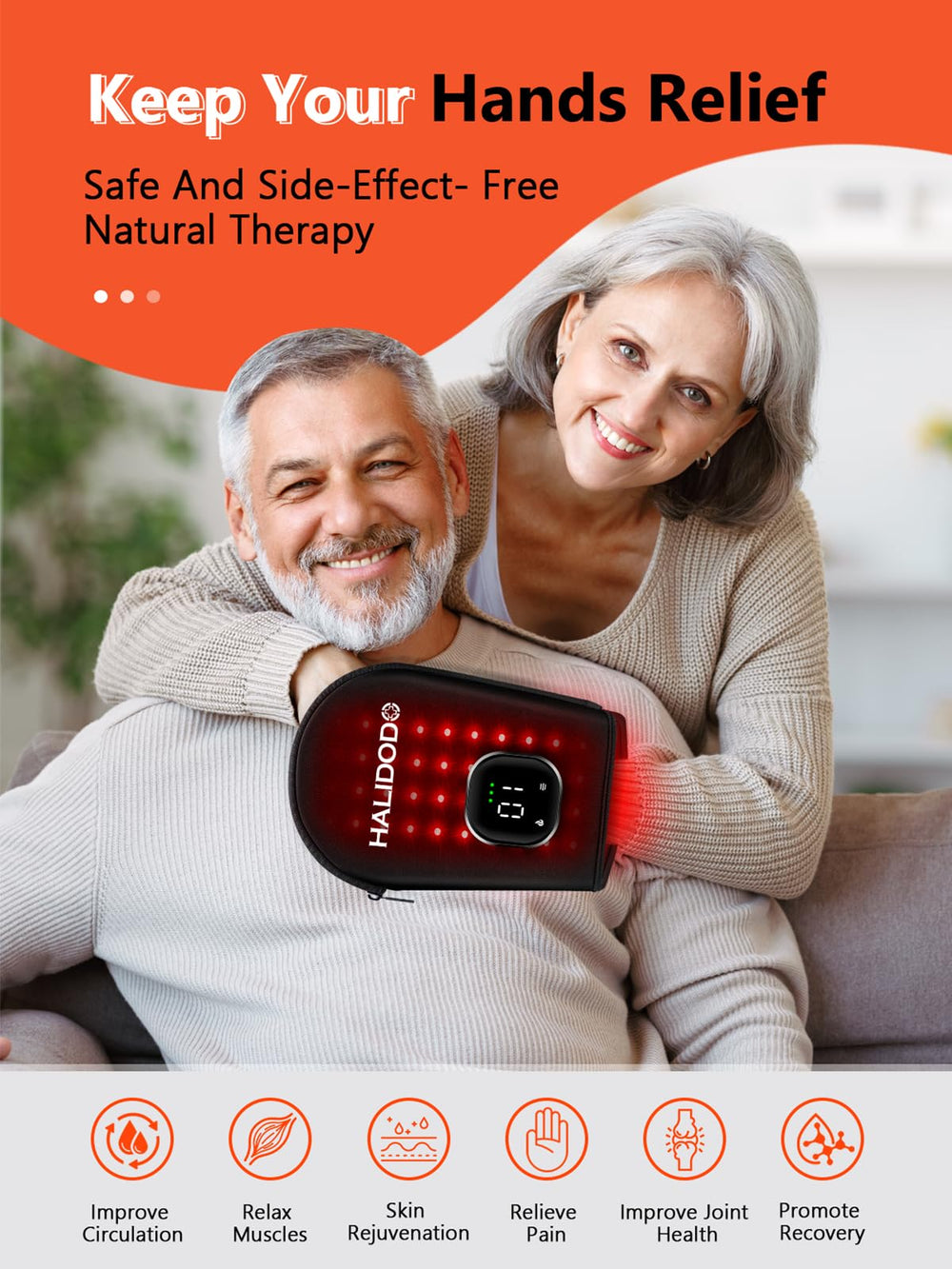 HALIDODO cordless red light glove LED coverage highlights full-hand therapy at home