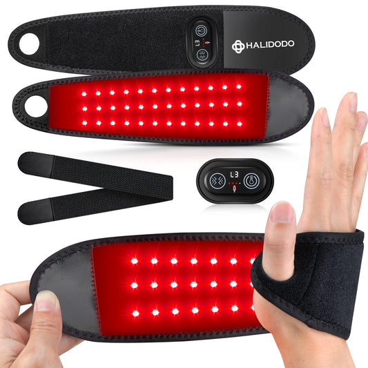 HALIDODO red light wrist wrap in angled view offers cordless relief for hands.
