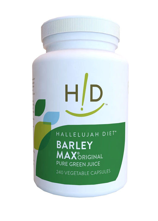 The Hallelujah Diet BarleyMax capsules in a bottle support daily energy and detox potential.