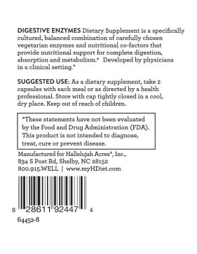 Hallelujah Diet label on bottle emphasizes cellulase for plant fiber breakdown
